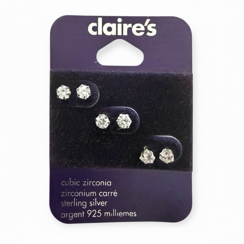 NWT Claire’s Sterling Silver Square Princess Cut Cubic Zirconia Stud Earring Set
